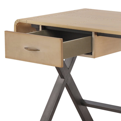 Danton Gold Aluminum Rectangular Writing Desk with Storage Drawer, Metal X-Shape Base, Full-Extension Glide Drawer, Soft-Close Mechanism - 1st Choice Furniture Direct