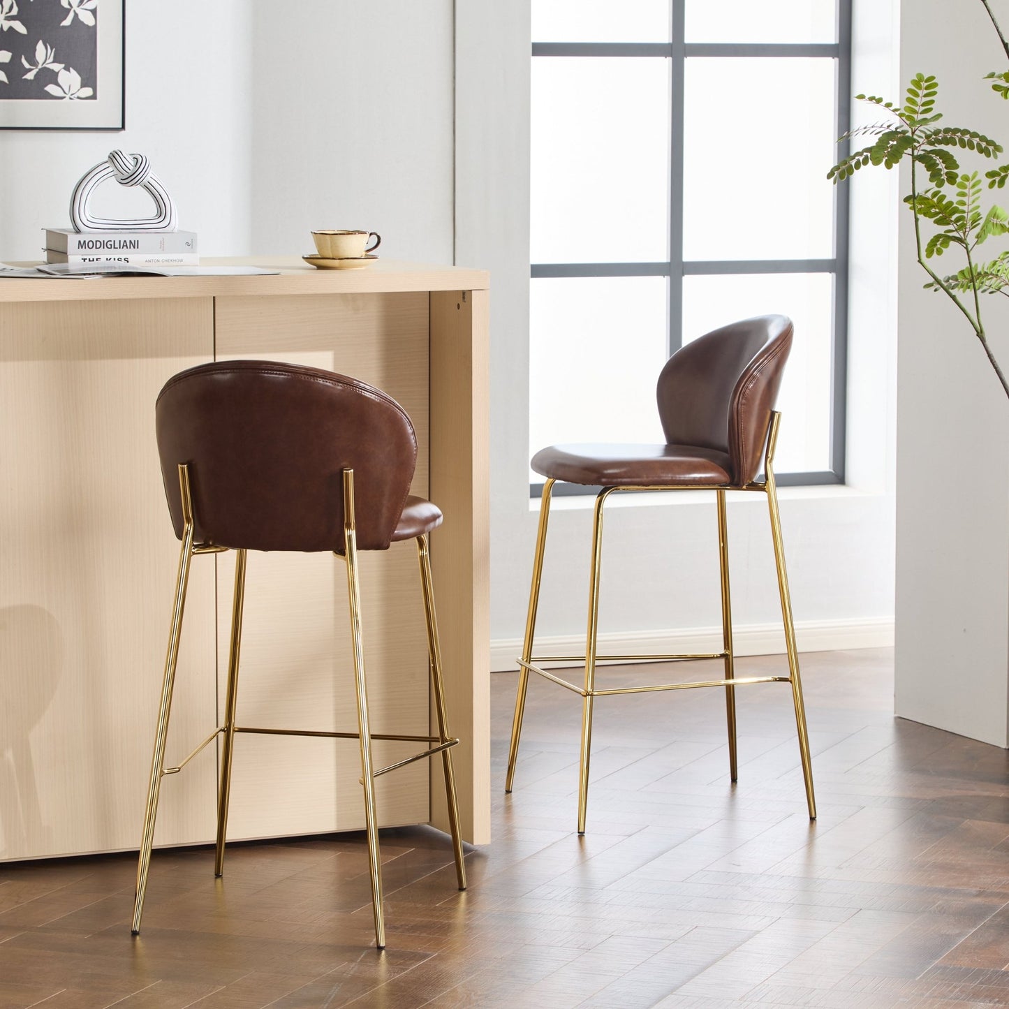 Dark Brown Faux Leather Bar Stools Set of 2 | Gold Metal Frame Counter Chairs - 1st Choice Furniture Direct