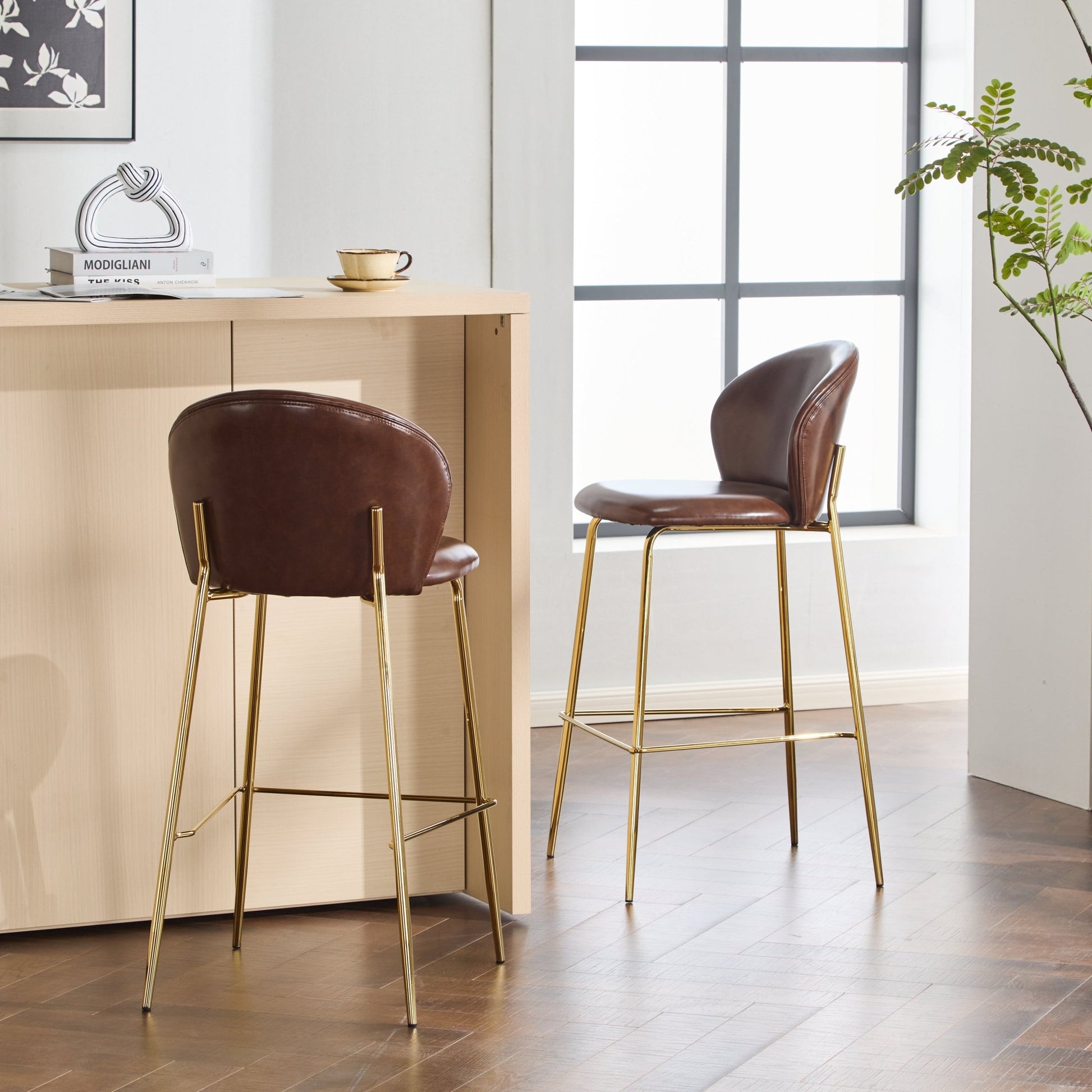 Dark Brown Faux Leather Bar Stools Set of 2 | Gold Metal Frame Counter Chairs - 1st Choice Furniture Direct
