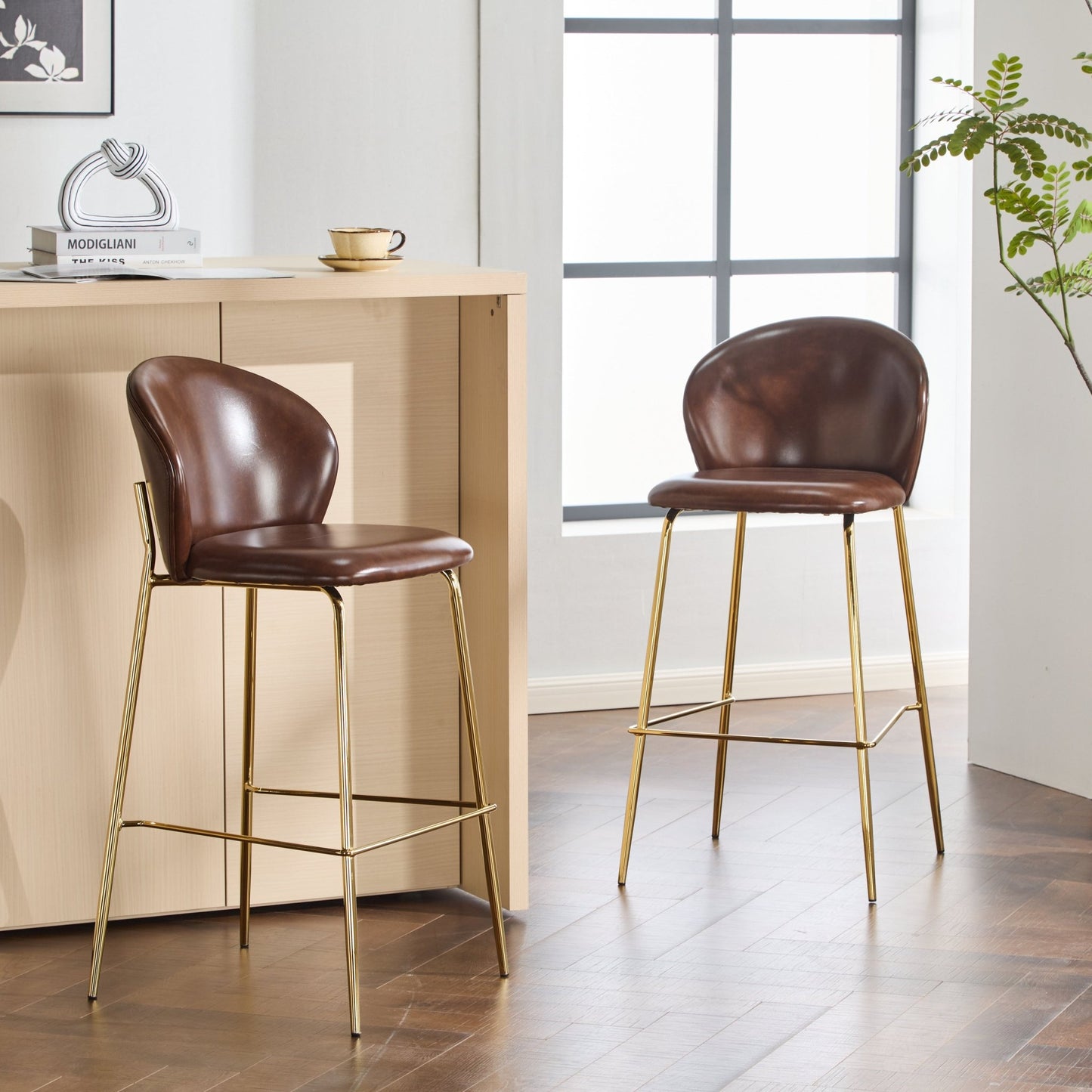 Dark Brown Faux Leather Bar Stools Set of 2 | Gold Metal Frame Counter Chairs - 1st Choice Furniture Direct