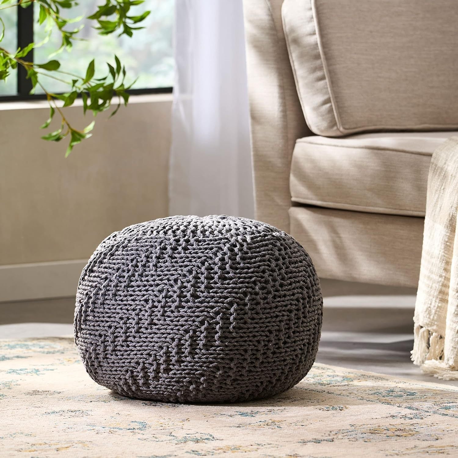 Dark Gray Hand-Knitted Round Pouf Ottoman - 1st Choice Furniture Direct