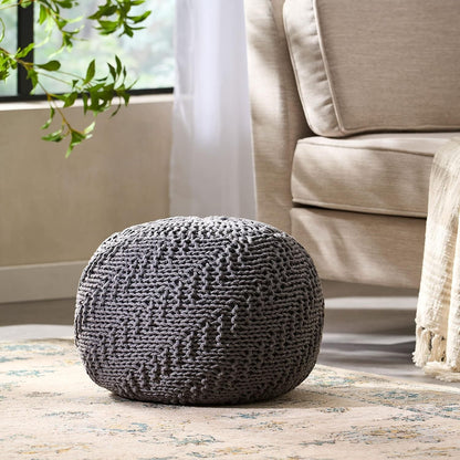 Dark Gray Hand-Knitted Round Pouf Ottoman - 1st Choice Furniture Direct