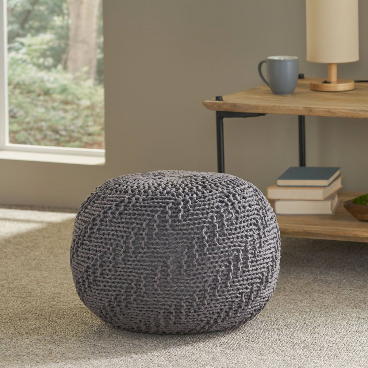 Dark Gray Hand-Knitted Round Pouf Ottoman - 1st Choice Furniture Direct