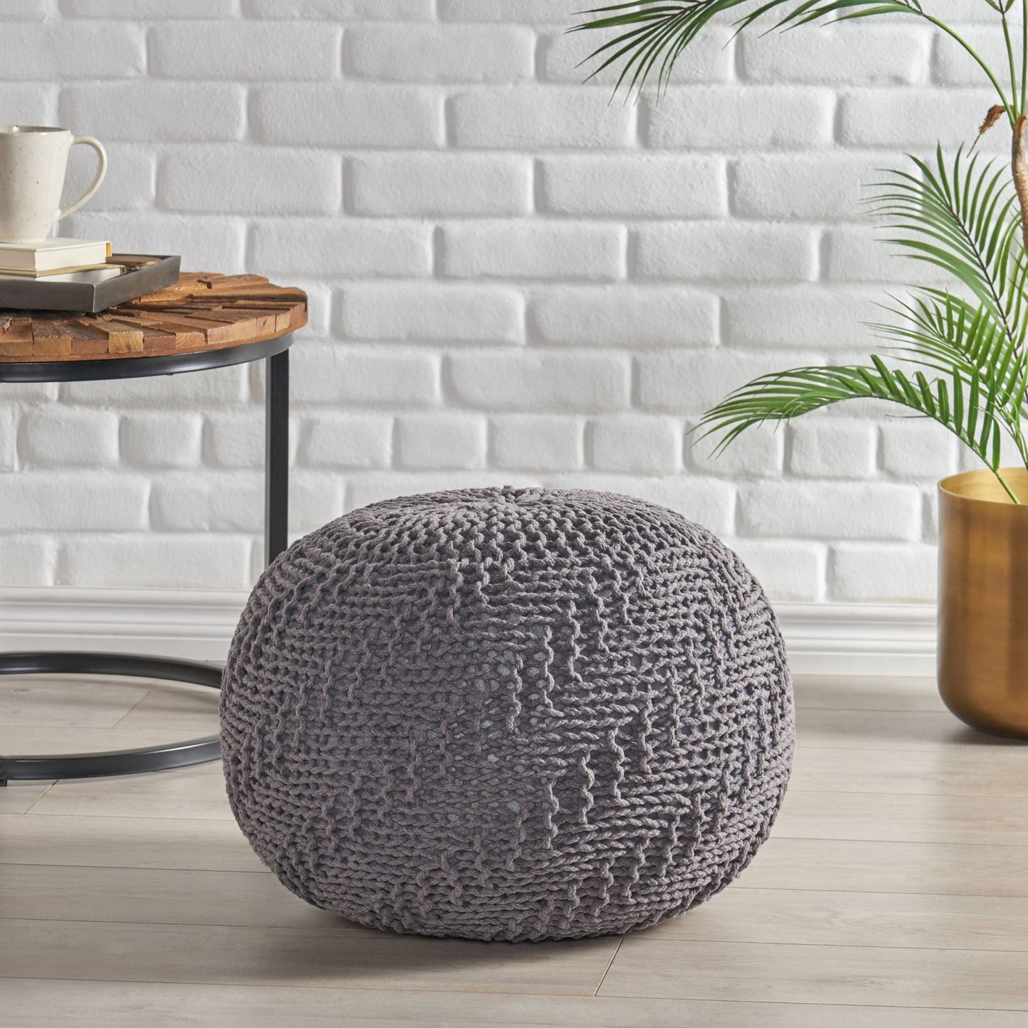 Dark Gray Hand-Knitted Round Pouf Ottoman - 1st Choice Furniture Direct