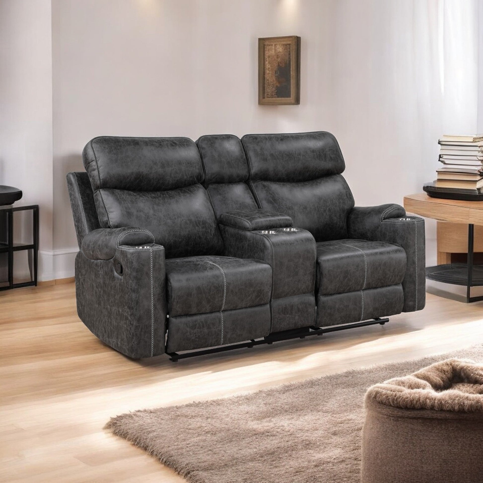 Dark Gray Reclining Loveseat with USB Port & Cup Holders | Microfiber Manual Recliner Sofa - 1st Choice Furniture Direct