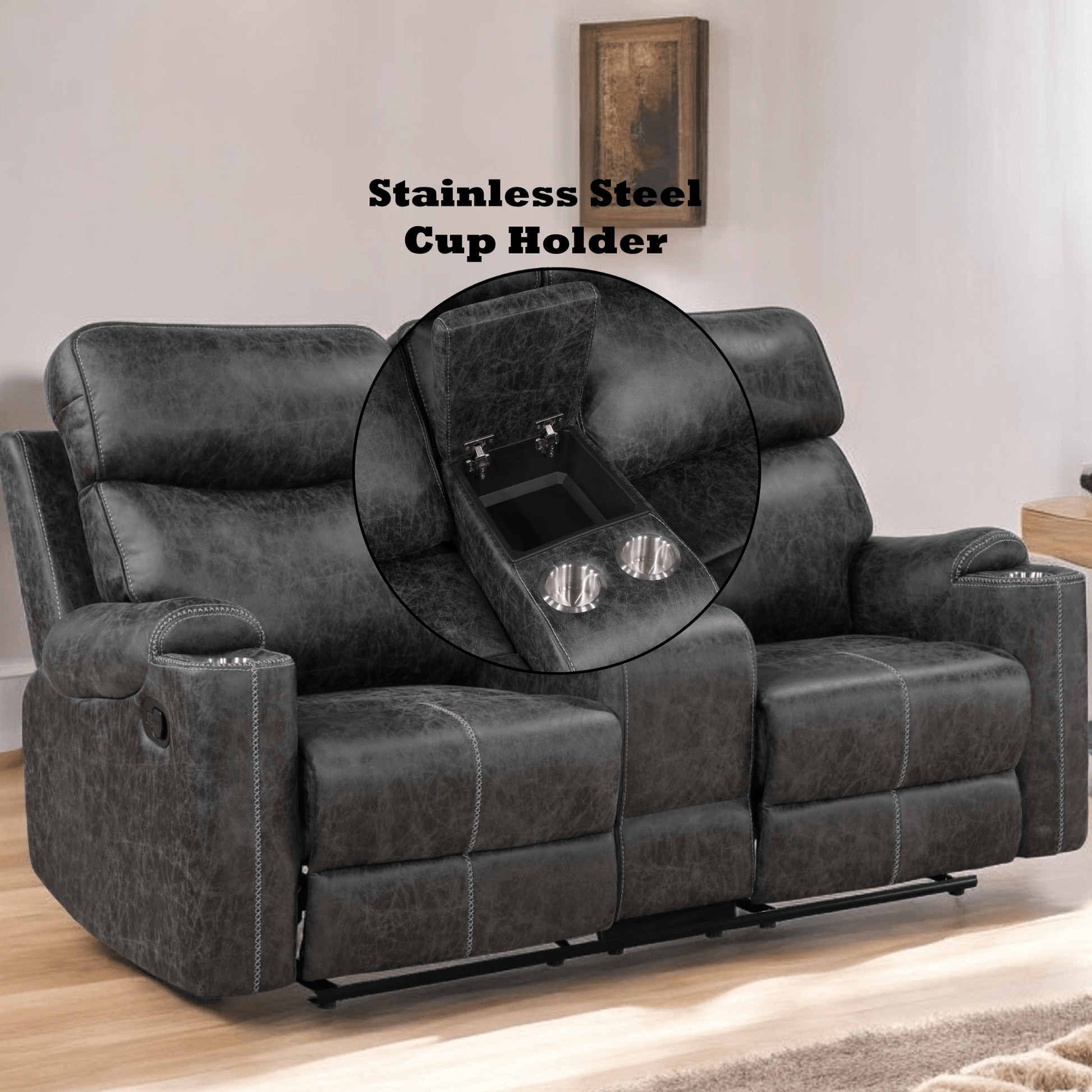 Dark Gray Reclining Loveseat with USB Port & Cup Holders | Microfiber Manual Recliner Sofa - 1st Choice Furniture Direct