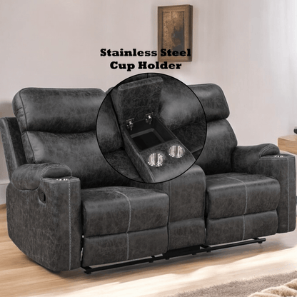 Dark Gray Reclining Loveseat with USB Port & Cup Holders | Microfiber Manual Recliner Sofa - 1st Choice Furniture Direct