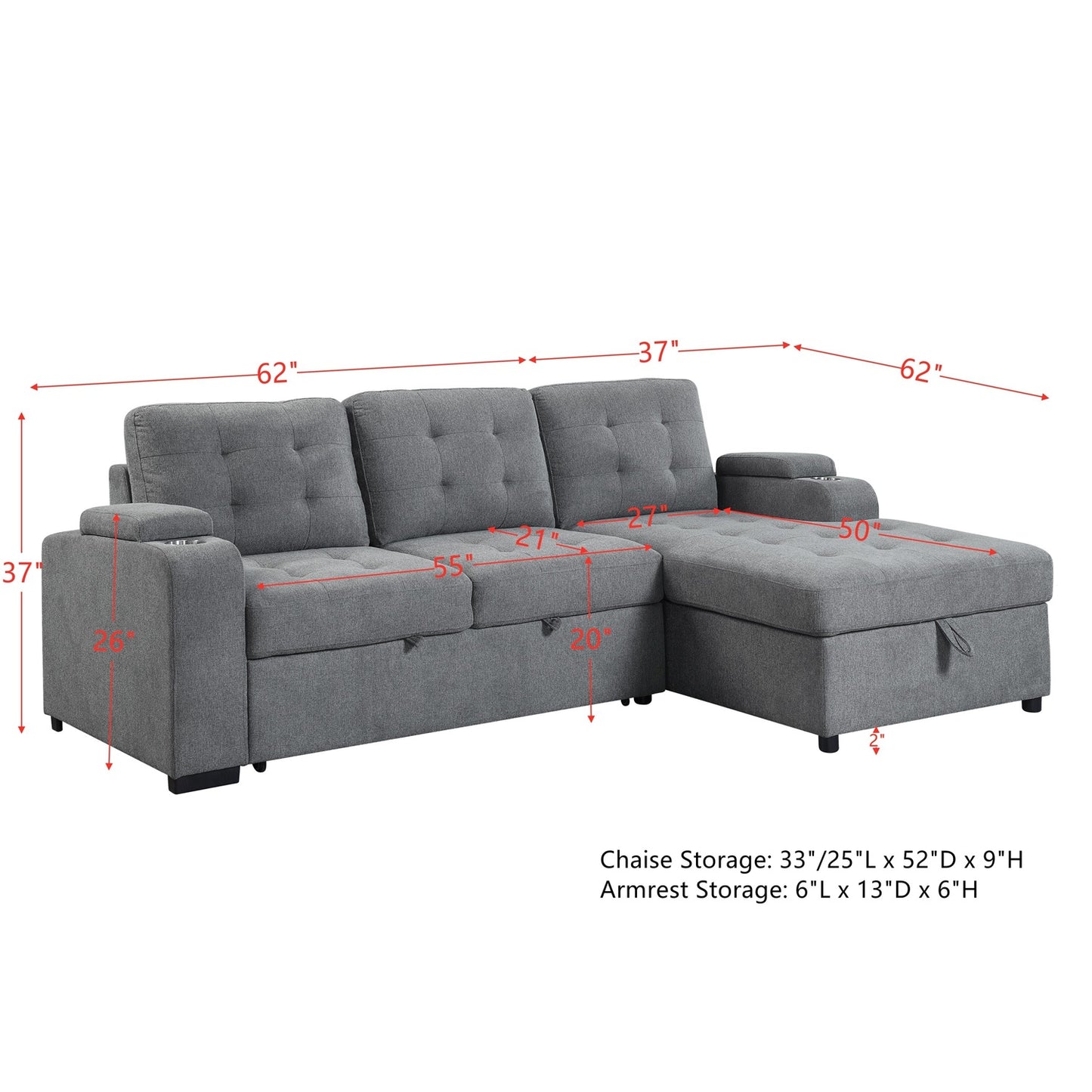 1st Choice Kabira Sleeper Sectional Sofa with Storage in Gray Fabric