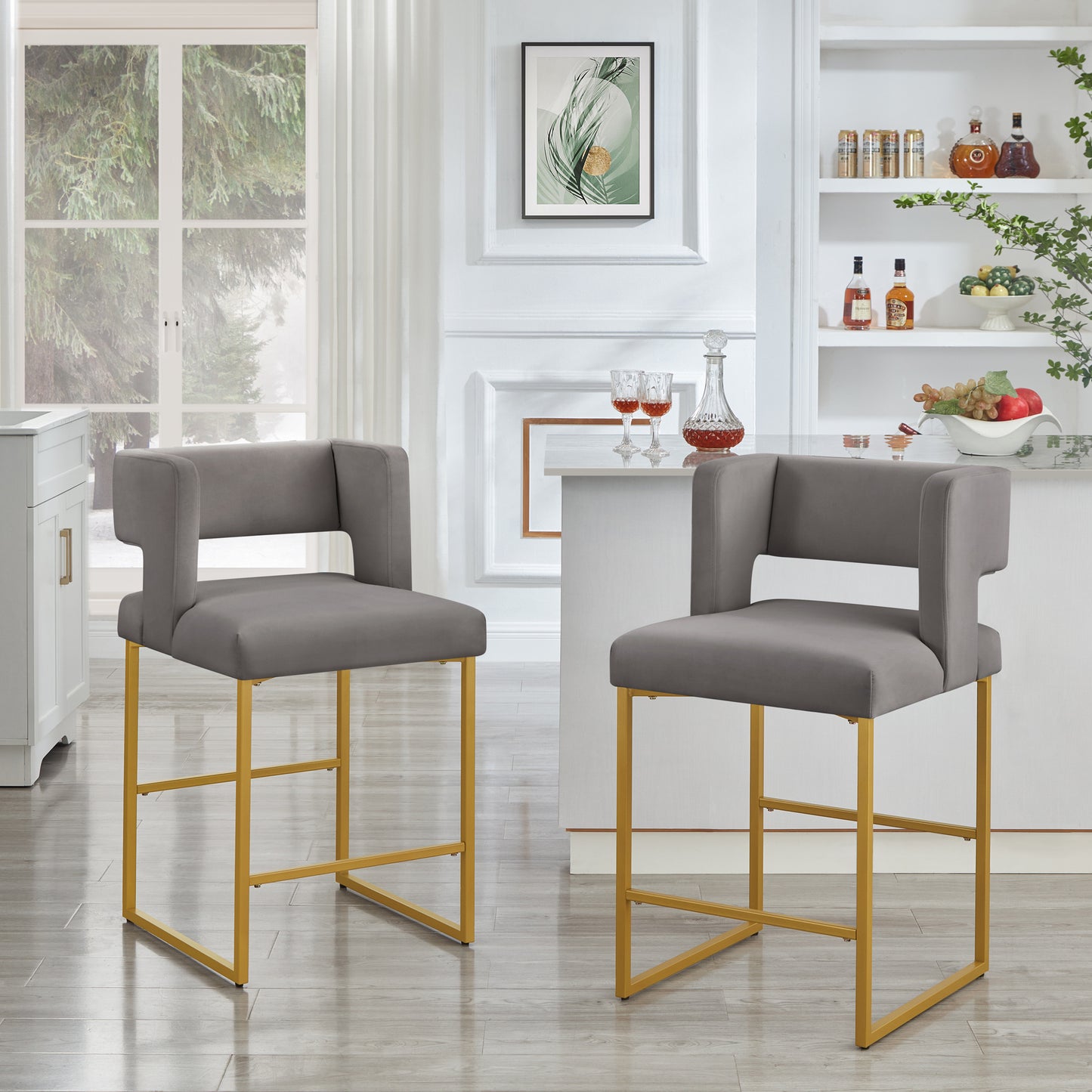 Modern Fashion Counter Height Bar Stools with Unique Square Open Backrest, Set of 2 Versatile Bar Chairs with Sturdy Iron Legs, 26' H Counter Height Chairs for kitchen islands,Dark Gray /Gold