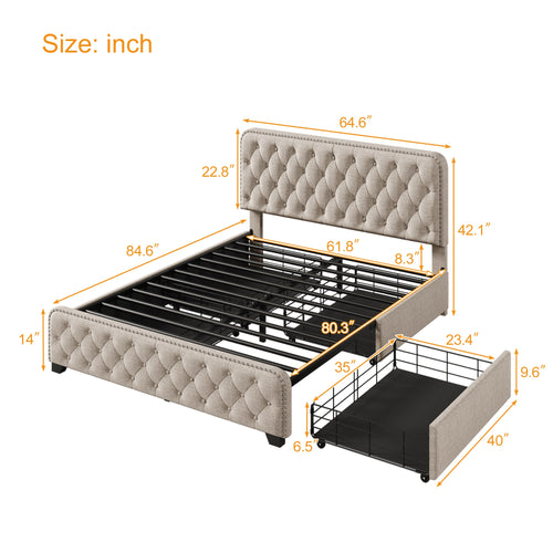 1st Choice Upholstered Platform Bed Frame with Four Drawers Button Tufted