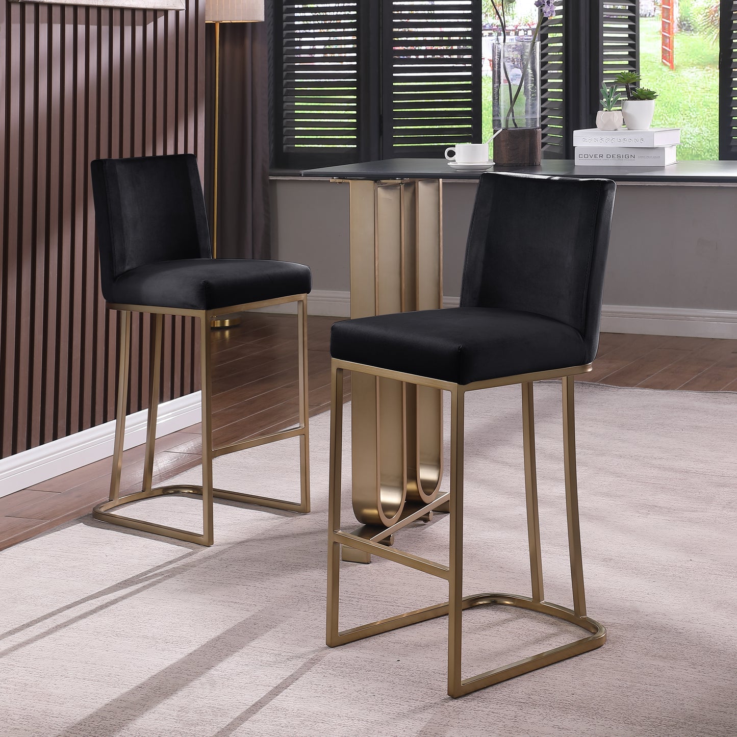 Woker Furniture Bar Stools Set of 2 Counter Height 26' Bar Stools with Back, Gold Brushed Barstools Modern Velvet Fabric Kitchen Stools for Counter Pub, Upholstered Dining Chairs - Black