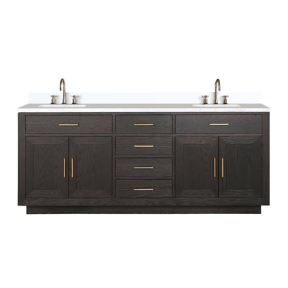 Brown Oak Double Bath Vanity 80 in. W x 22 in. D, Cultured Marble Top, and Faucet Set