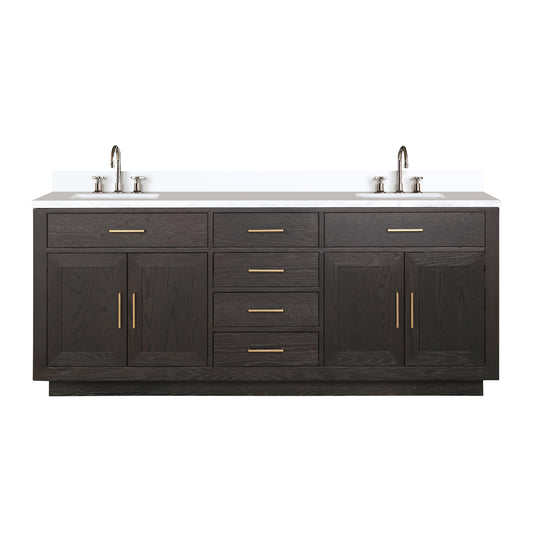 Brown Oak Double Bath Vanity 80 in. W x 22 in. D, Cultured Marble Top, and Faucet Set