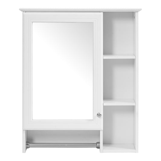 3-in-1 Wall-Mounted Bathroom Mirror Cabinet with Adjustable Shelf and Towel Bar, White Solid Wood Finish, 24-inch Modern Storage Cabinet