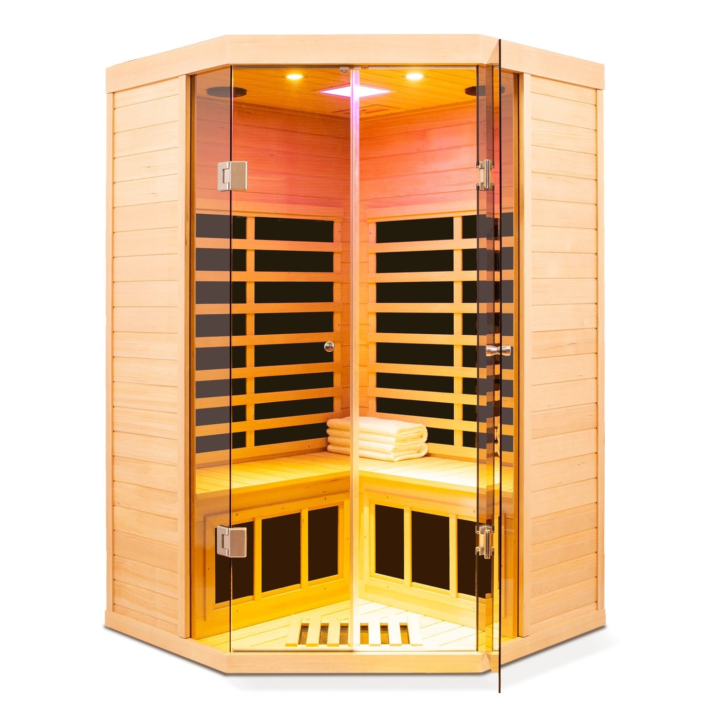 Deluxe Hemlock Far Infrared Corner Sauna Room with Glass Front for Two Persons - 1st Choice Furniture Direct