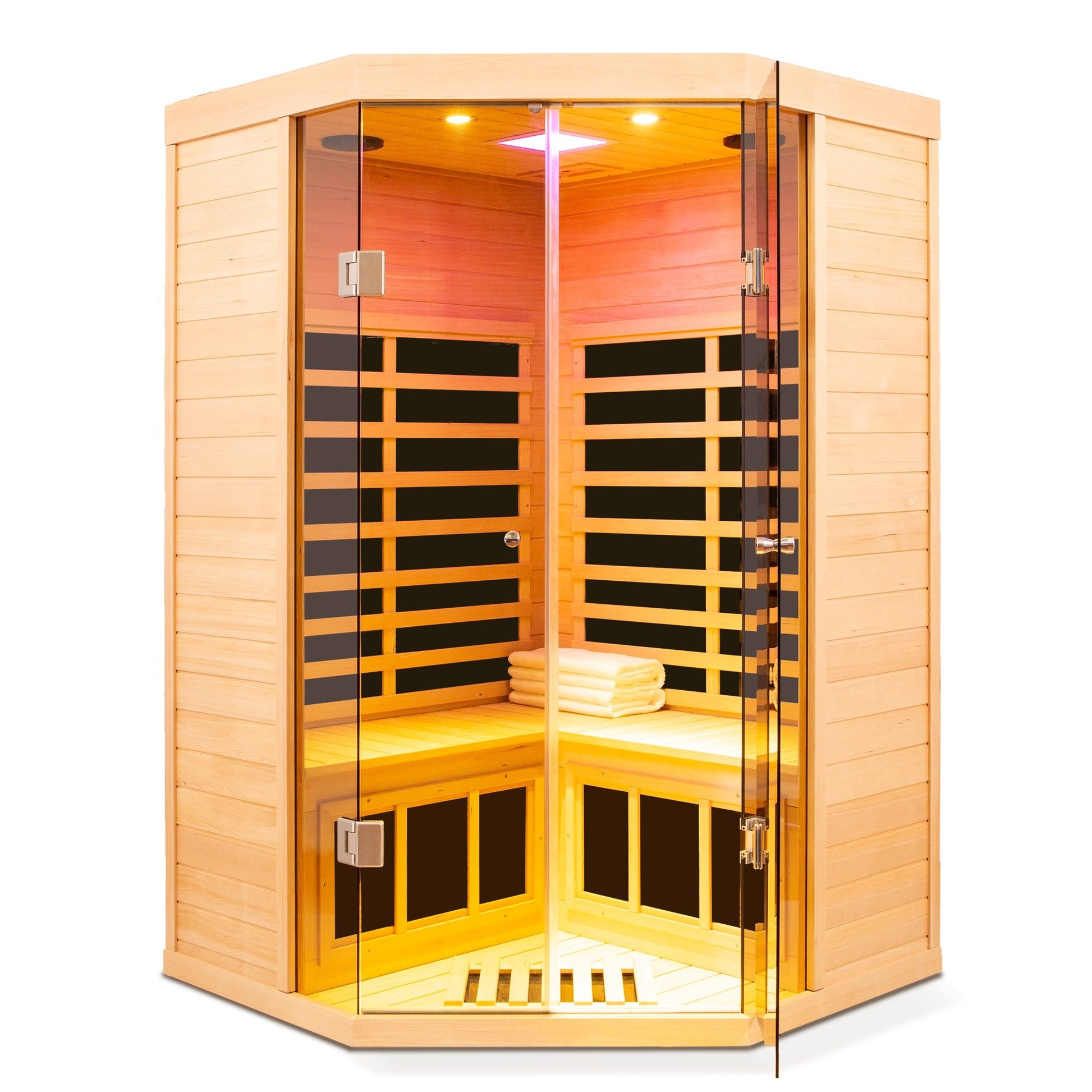 Deluxe Hemlock Far Infrared Corner Sauna Room with Glass Front for Two Persons - 1st Choice Furniture Direct