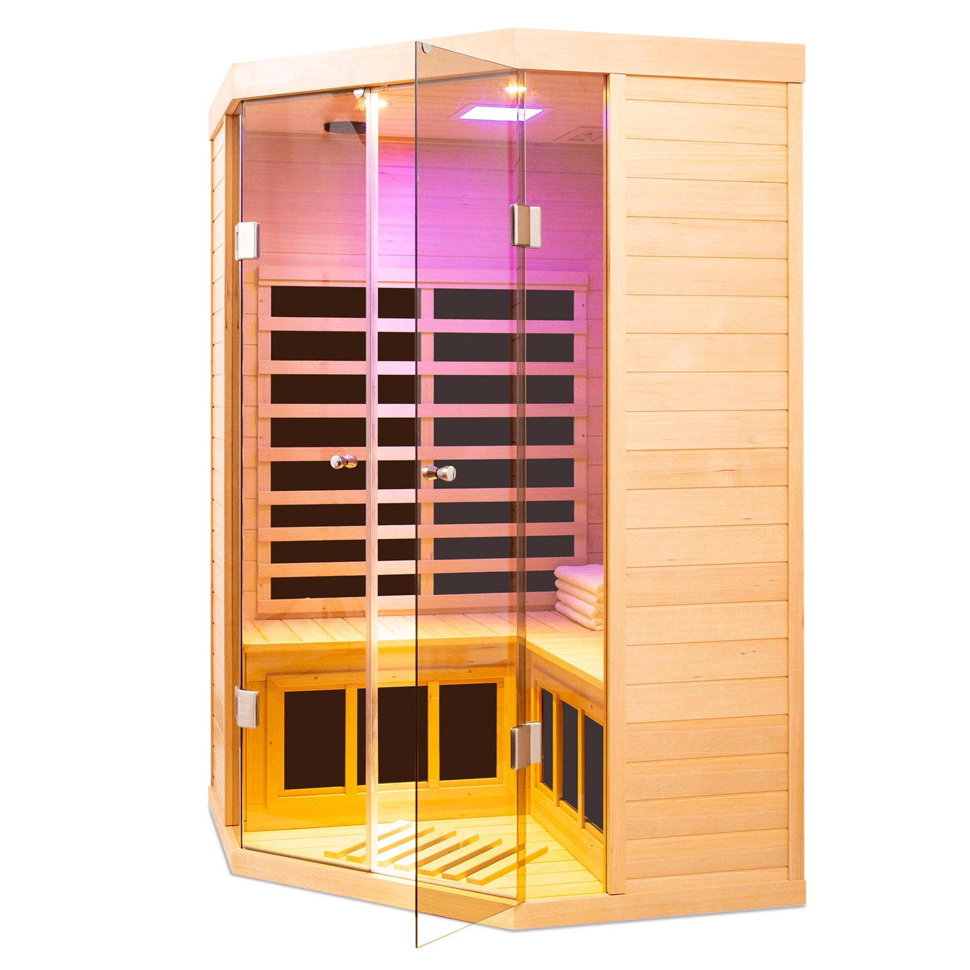 Deluxe Hemlock Far Infrared Corner Sauna Room with Glass Front for Two Persons - 1st Choice Furniture Direct