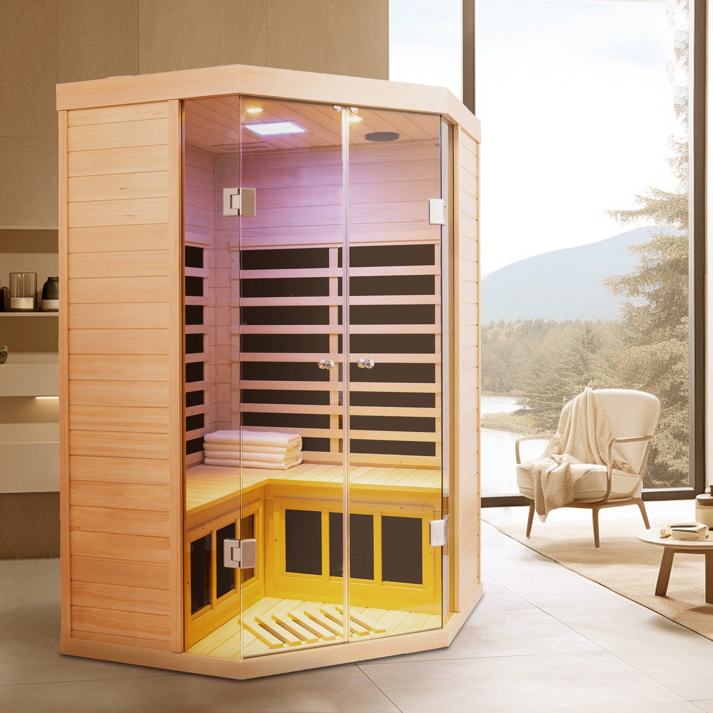 Deluxe Hemlock Far Infrared Corner Sauna Room with Glass Front for Two Persons - 1st Choice Furniture Direct