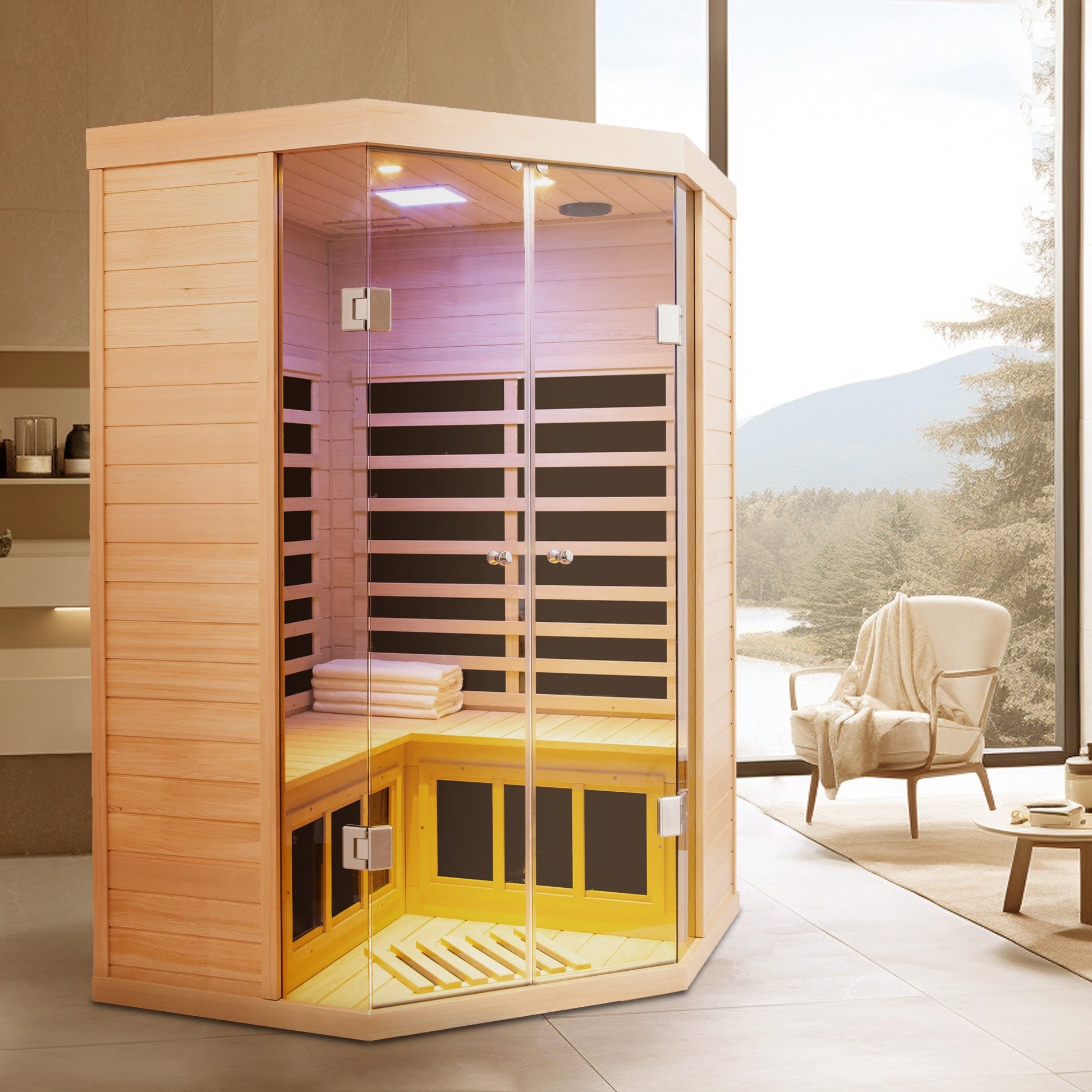 Deluxe Hemlock Far Infrared Corner Sauna Room with Glass Front for Two Persons - 1st Choice Furniture Direct