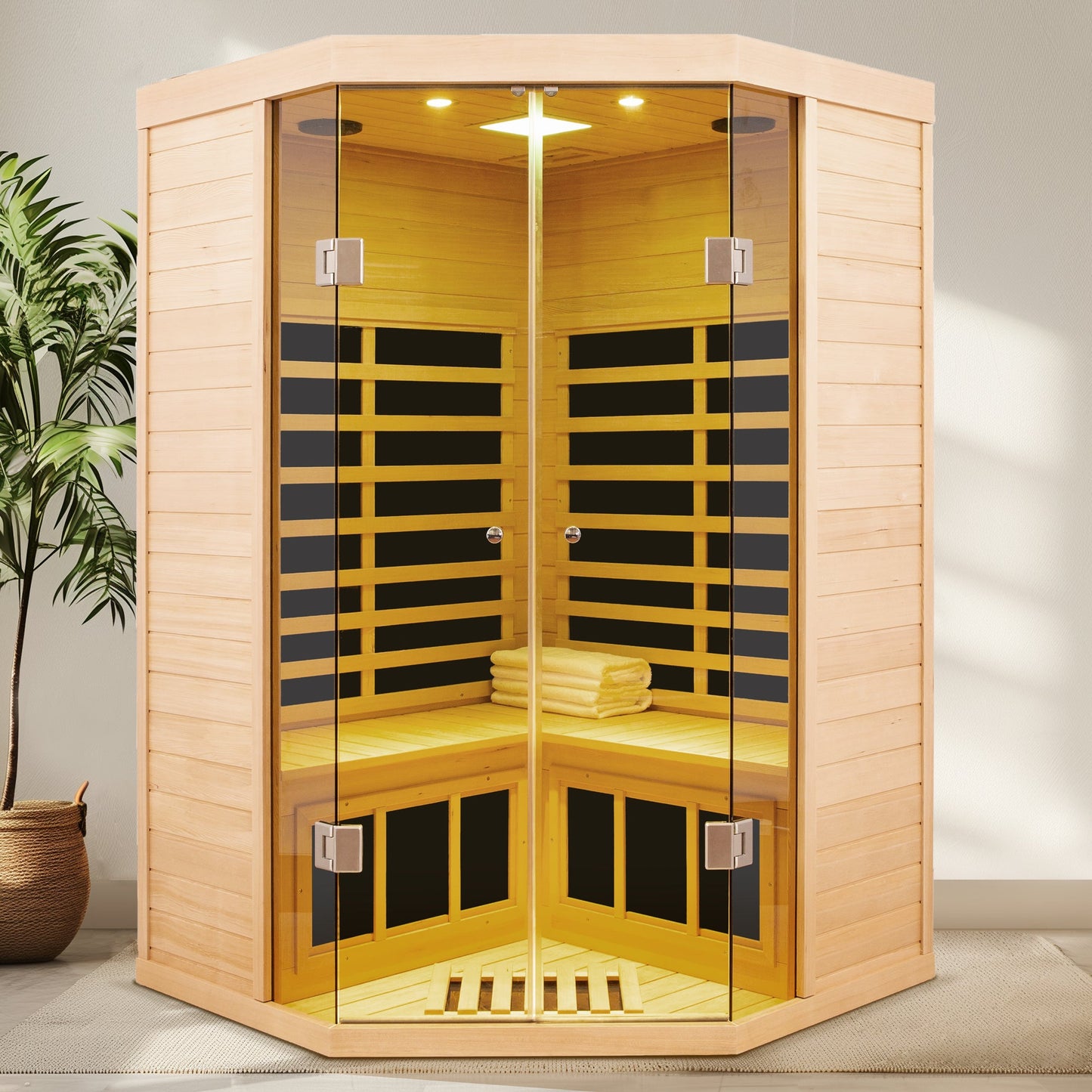 Deluxe Hemlock Far Infrared Corner Sauna Room with Glass Front for Two Persons - 1st Choice Furniture Direct