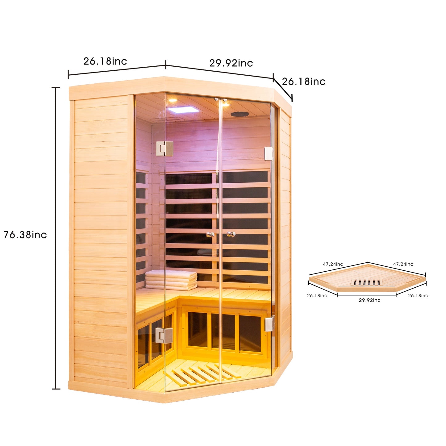 Deluxe Hemlock Far Infrared Corner Sauna Room with Glass Front for Two Persons - 1st Choice Furniture Direct