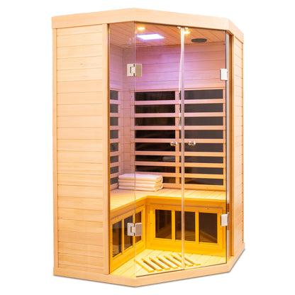 Deluxe Hemlock Far Infrared Corner Sauna Room with Glass Front for Two Persons - 1st Choice Furniture Direct