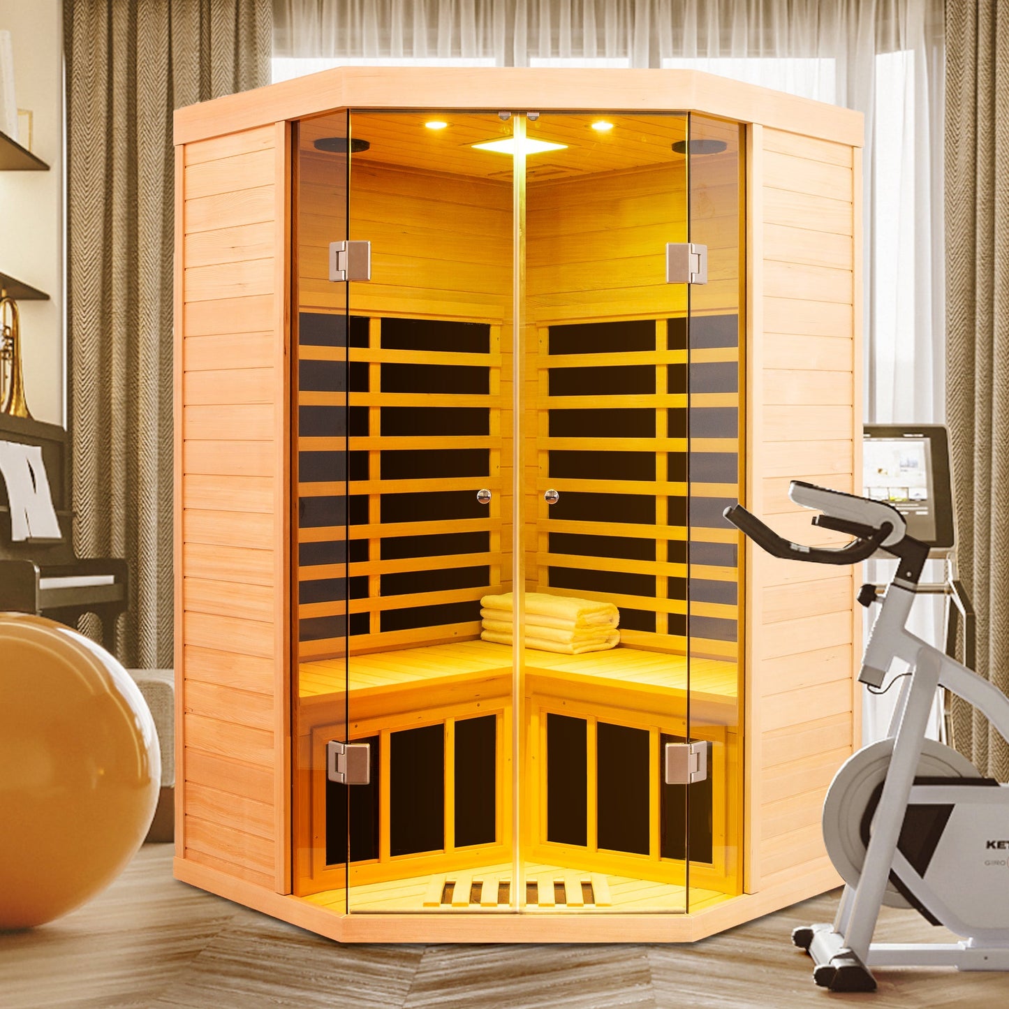 Deluxe Hemlock Far Infrared Corner Sauna Room with Glass Front for Two Persons - 1st Choice Furniture Direct