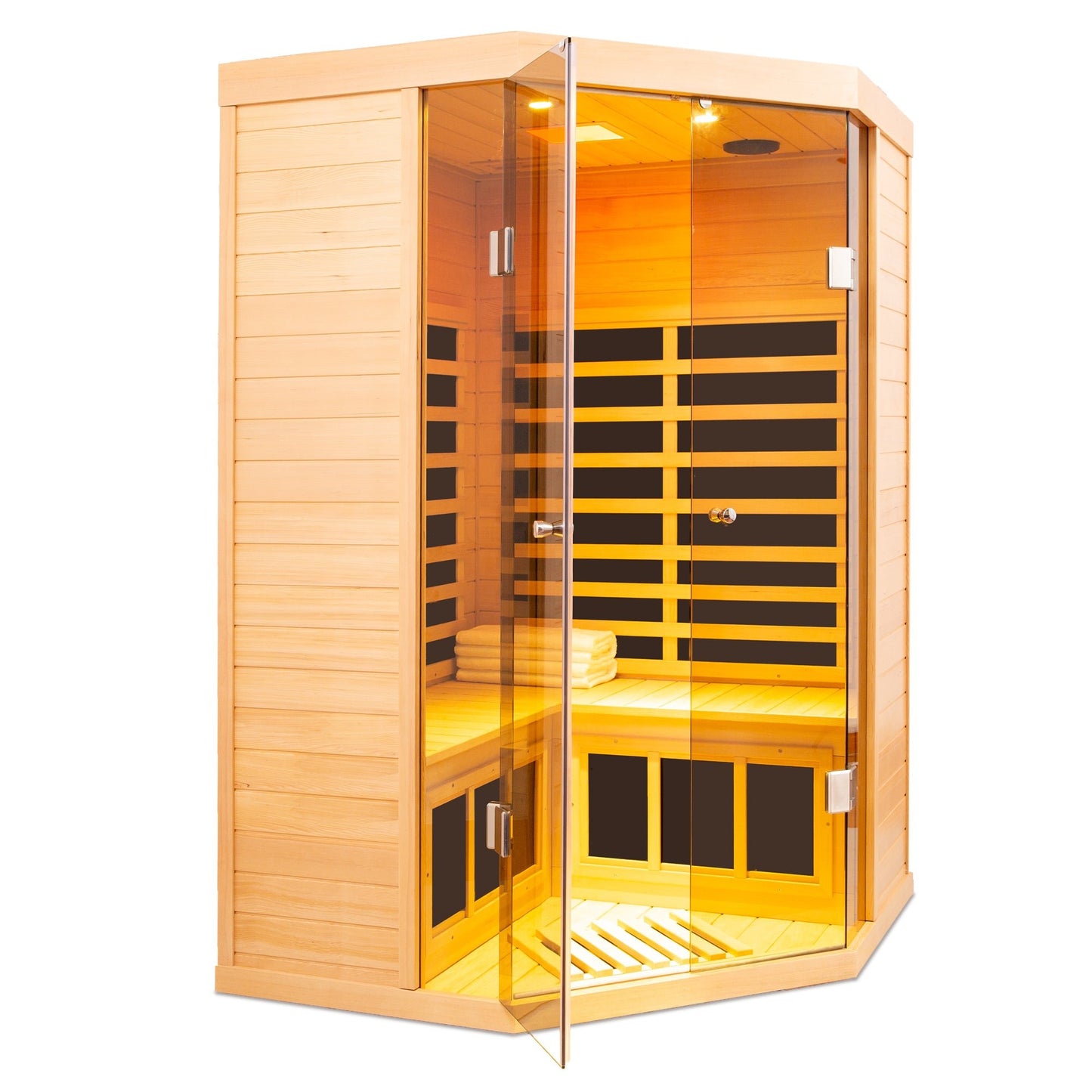 Deluxe Hemlock Far Infrared Corner Sauna Room with Glass Front for Two Persons - 1st Choice Furniture Direct