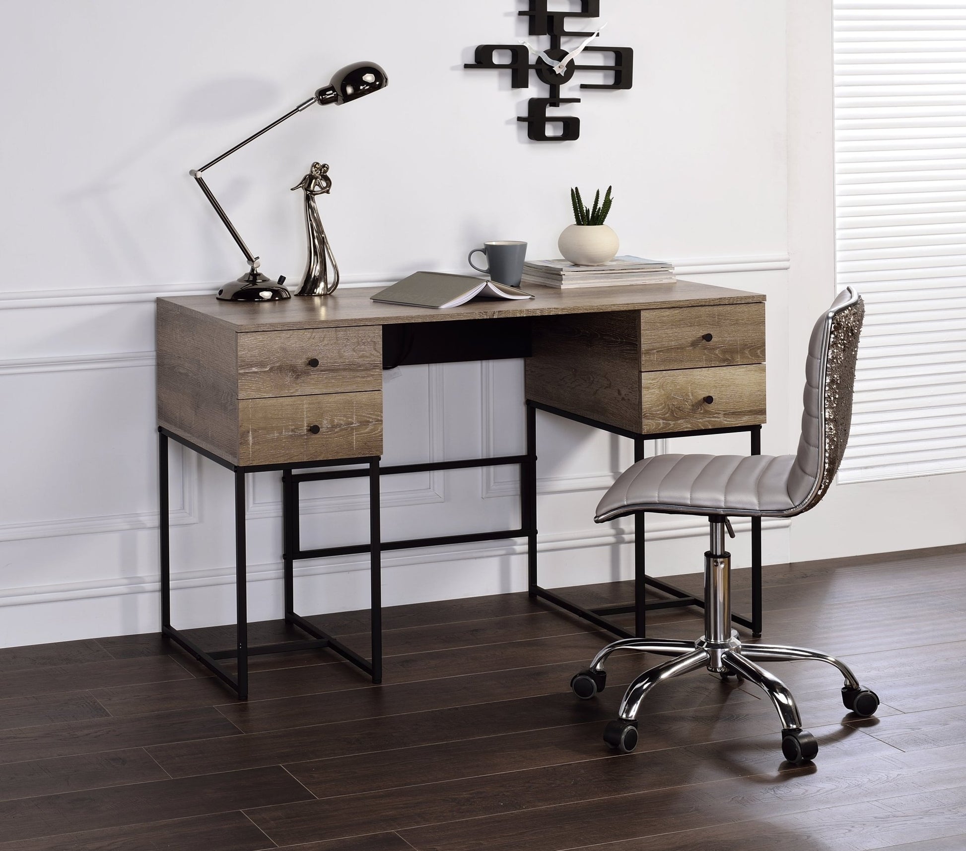 Desirre Rustic Oak & Black Finish Wirting Desk w/ USB Port - 1st Choice Furniture Direct