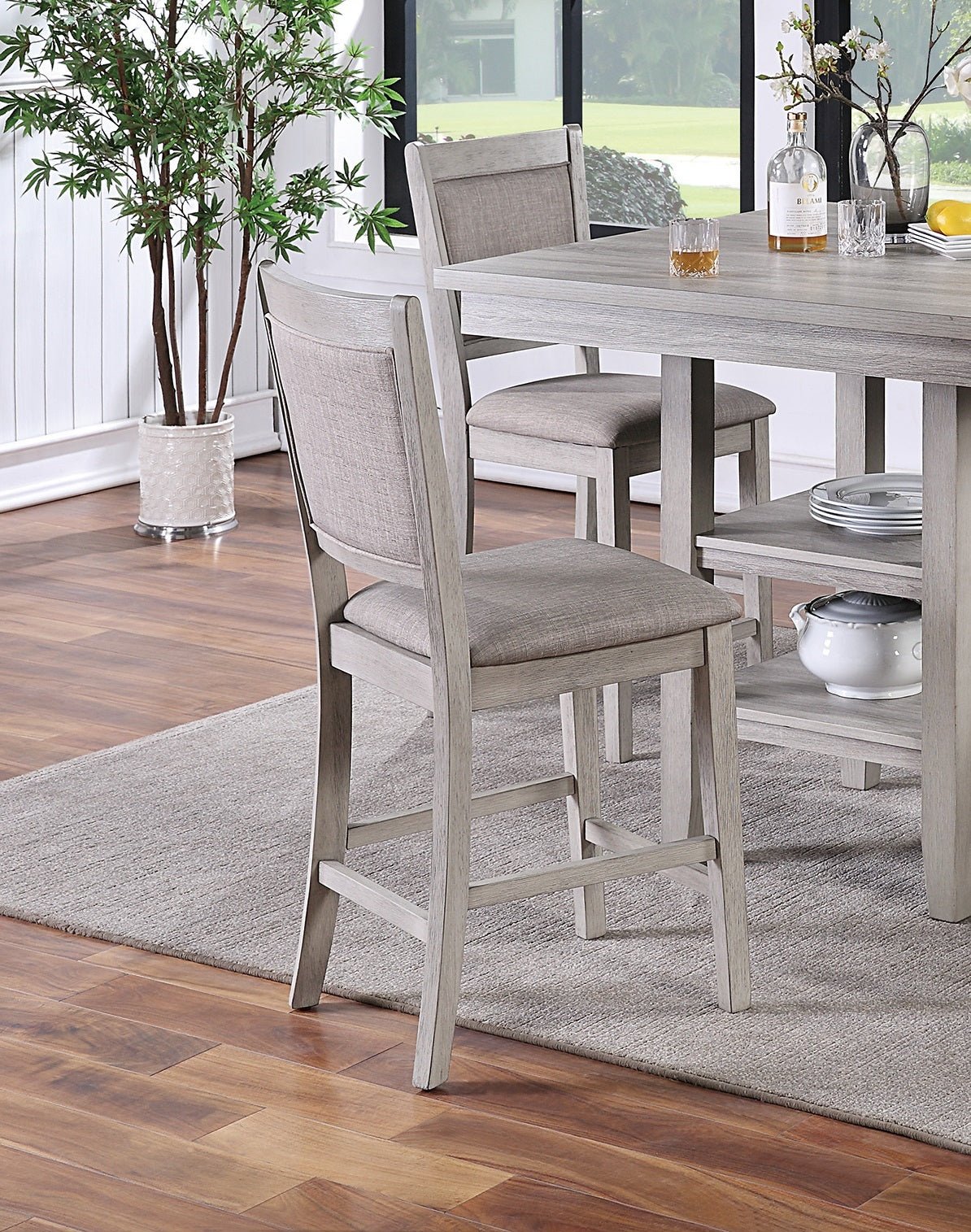 Dining Room Furniture Counter Height 5pc Set Square Table w Shelves Cushion Chairs Modern Style Rustic Grey - 1st Choice Furniture Direct