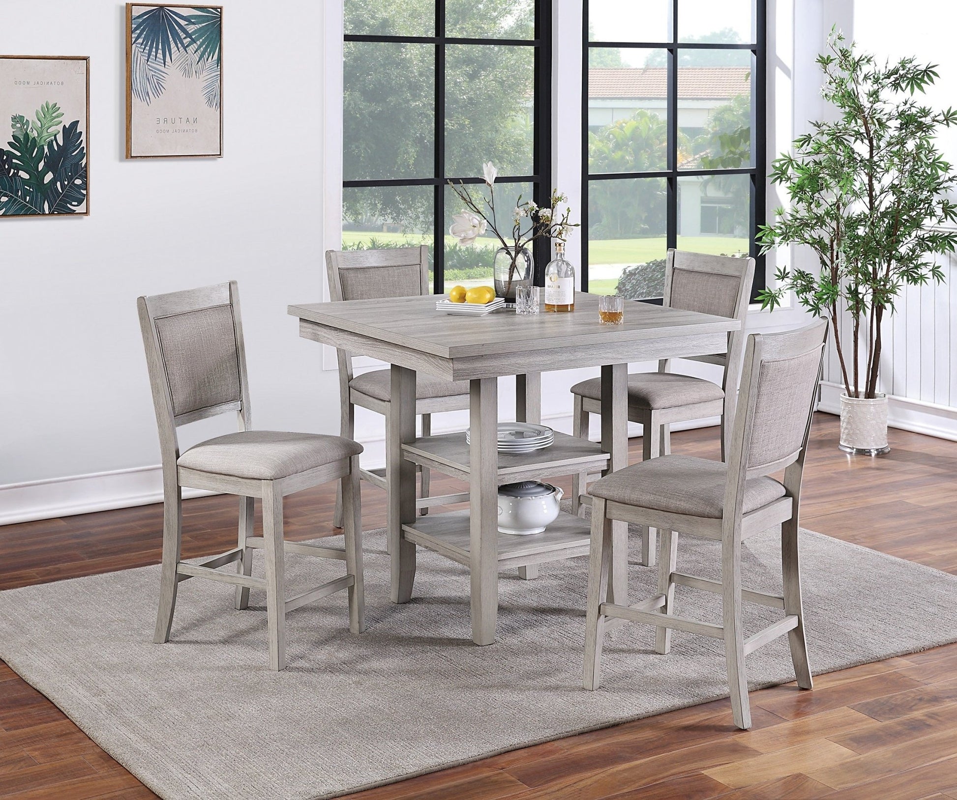 Dining Room Furniture Counter Height 5pc Set Square Table w Shelves Cushion Chairs Modern Style Rustic Grey - 1st Choice Furniture Direct