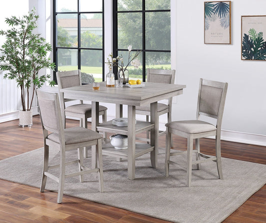 Dining Room Furniture Counter Height 5pc Set Square Table w Shelves Cushion Chairs Modern Style Rustic Grey - 1st Choice Furniture Direct