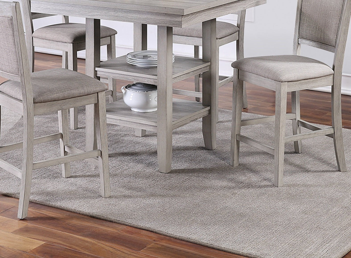 Dining Room Furniture Counter Height 5pc Set Square Table w Shelves Cushion Chairs Modern Style Rustic Grey - 1st Choice Furniture Direct
