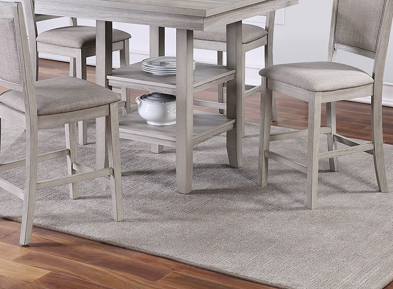 Dining Room Furniture Counter Height 5pc Set Square Table w Shelves Cushion Chairs Modern Style Rustic Grey - 1st Choice Furniture Direct