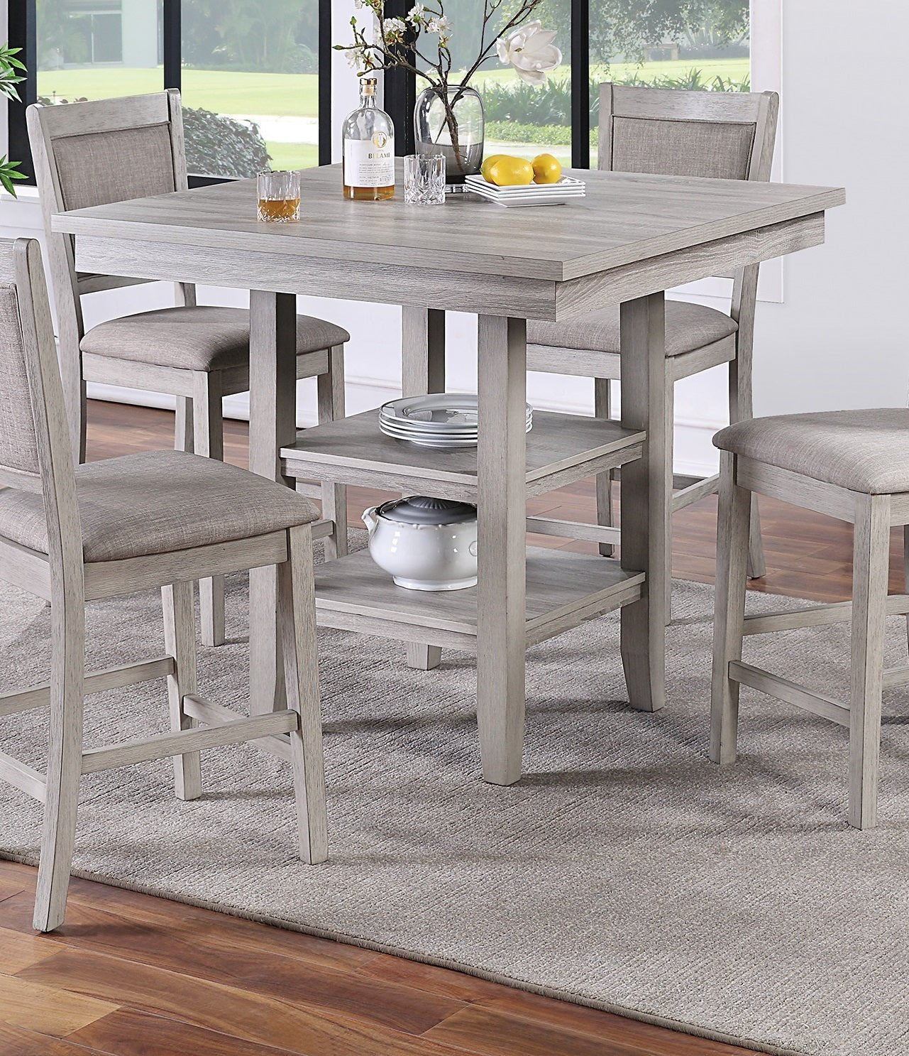 Dining Room Furniture Counter Height 5pc Set Square Table w Shelves Cushion Chairs Modern Style Rustic Grey - 1st Choice Furniture Direct