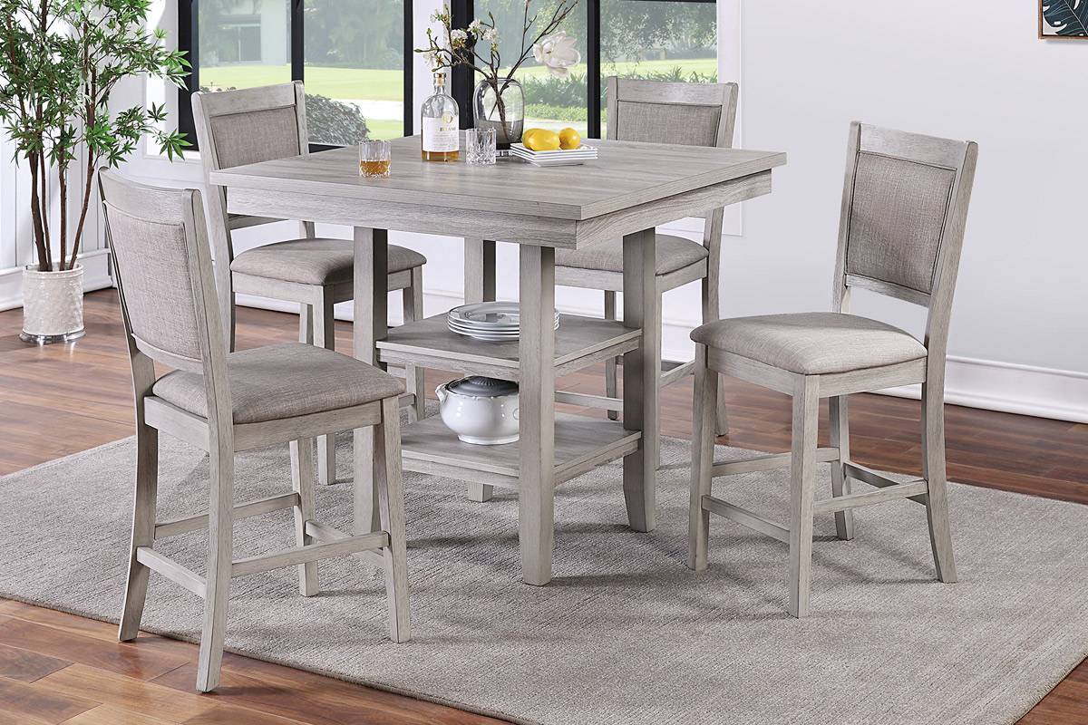 Dining Room Furniture Counter Height 5pc Set Square Table w Shelves Cushion Chairs Modern Style Rustic Grey - 1st Choice Furniture Direct