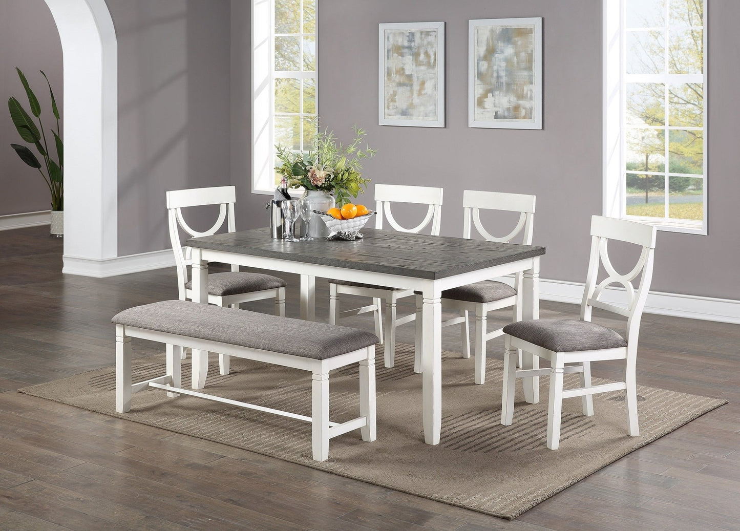 Dining Room Furniture White 6pc Dining Set Table 4 Side Chairs and A Bench Rubberwood MDF - 1st Choice Furniture Direct