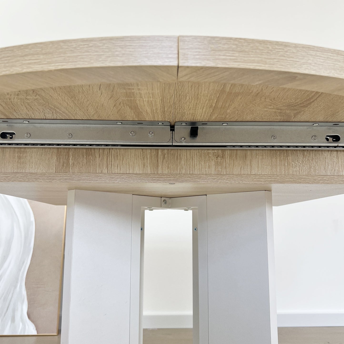 Dining Table for Farmhouse Kitchen 59x43 Inch Expandable Oval Table Top with Removable Leaf Trestle X Shaped Base White - 1st Choice Furniture Direct