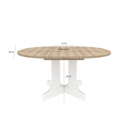 Dining Table for Farmhouse Kitchen 59x43 Inch Expandable Oval Table Top with Removable Leaf Trestle X Shaped Base White - 1st Choice Furniture Direct