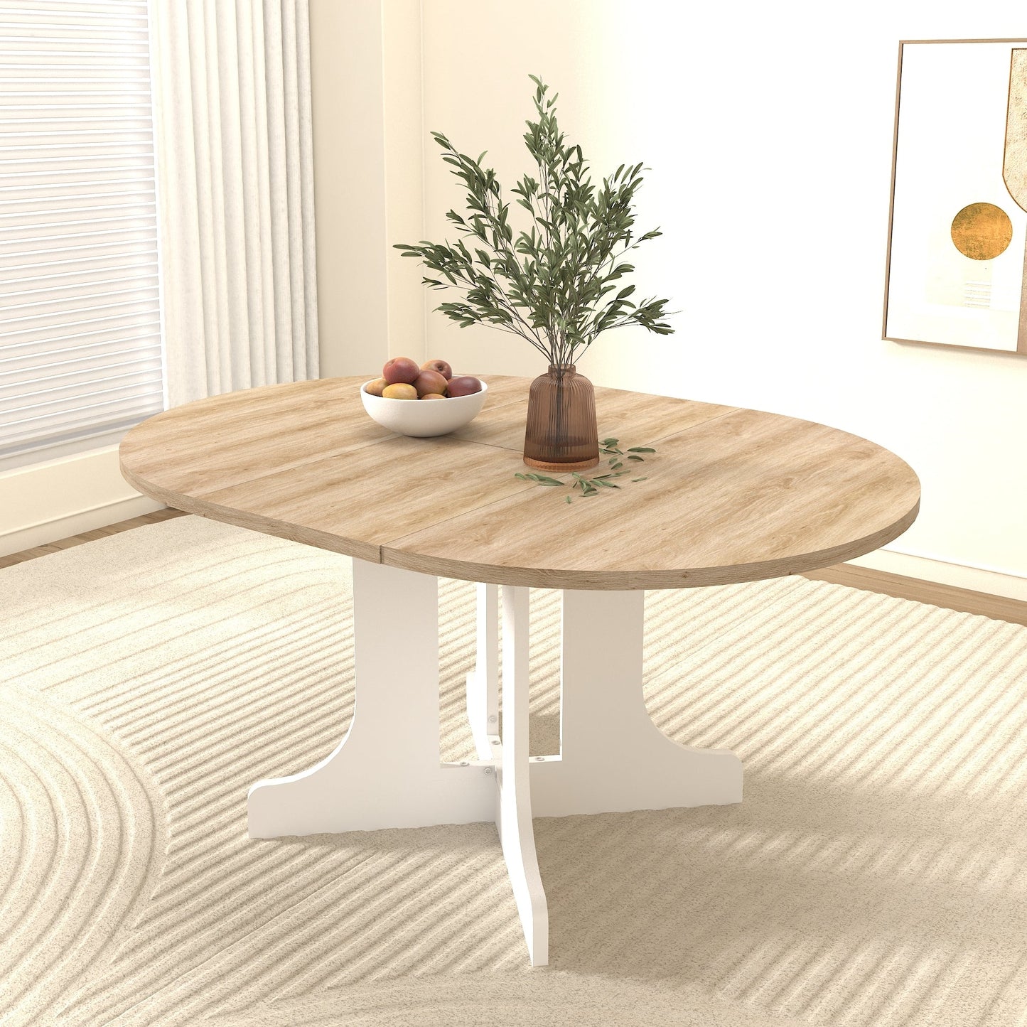 Dining Table for Farmhouse Kitchen 59x43 Inch Expandable Oval Table Top with Removable Leaf Trestle X Shaped Base White - 1st Choice Furniture Direct