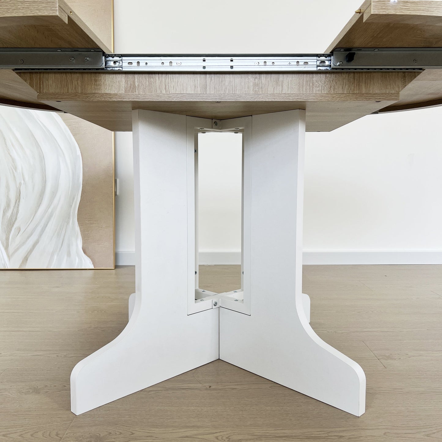 Dining Table for Farmhouse Kitchen 59x43 Inch Expandable Oval Table Top with Removable Leaf Trestle X Shaped Base White - 1st Choice Furniture Direct