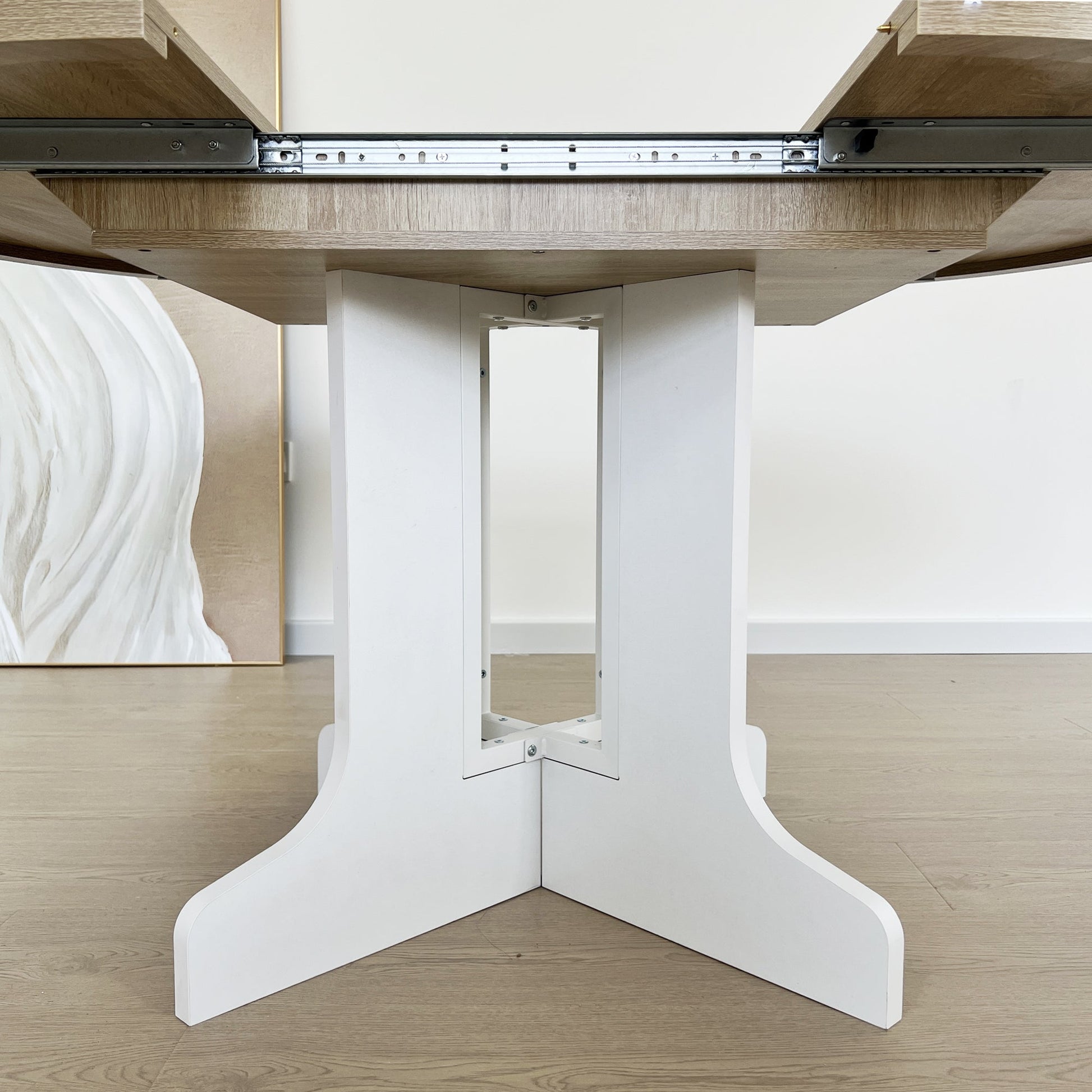 Dining Table for Farmhouse Kitchen 59x43 Inch Expandable Oval Table Top with Removable Leaf Trestle X Shaped Base White - 1st Choice Furniture Direct