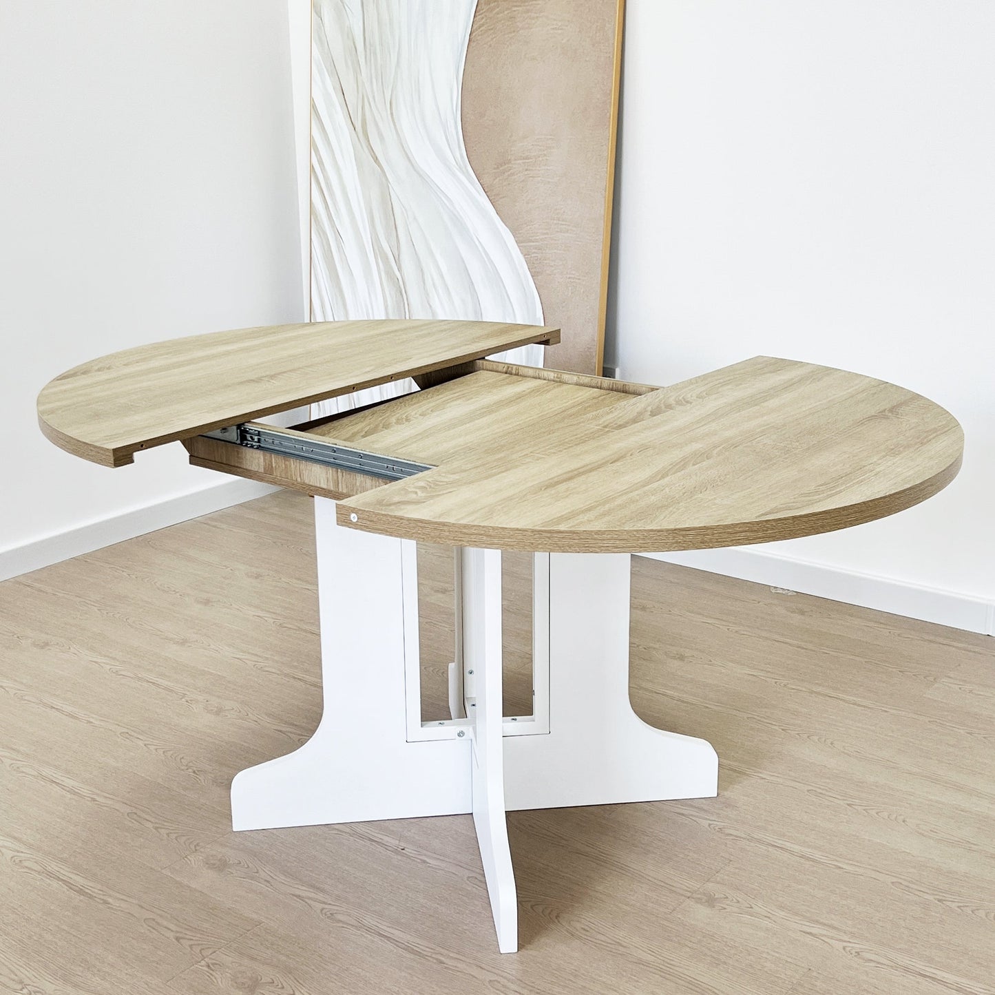 Dining Table for Farmhouse Kitchen 59x43 Inch Expandable Oval Table Top with Removable Leaf Trestle X Shaped Base White - 1st Choice Furniture Direct
