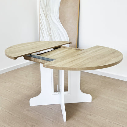 Dining Table for Farmhouse Kitchen 59x43 Inch Expandable Oval Table Top with Removable Leaf Trestle X Shaped Base White - 1st Choice Furniture Direct