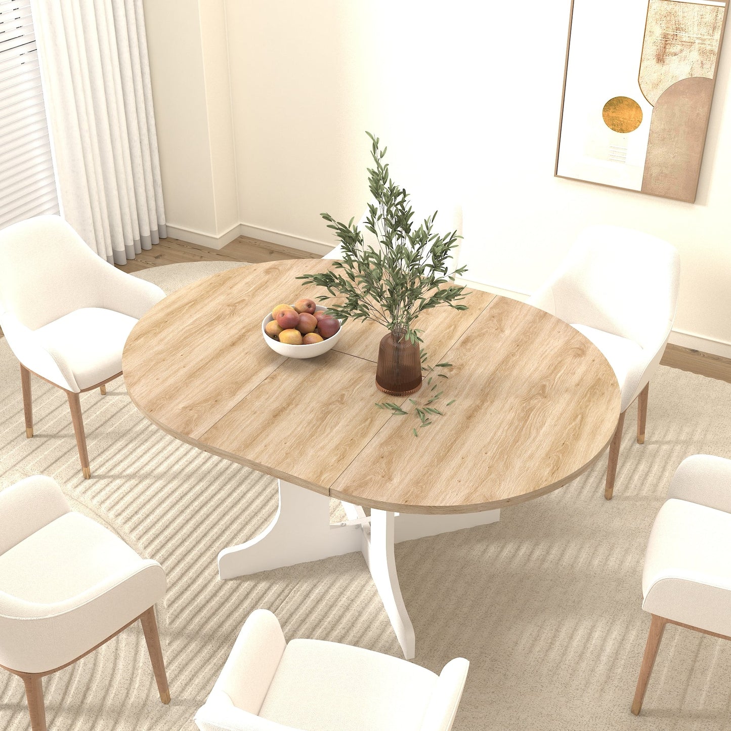 Dining Table for Farmhouse Kitchen 59x43 Inch Expandable Oval Table Top with Removable Leaf Trestle X Shaped Base White - 1st Choice Furniture Direct