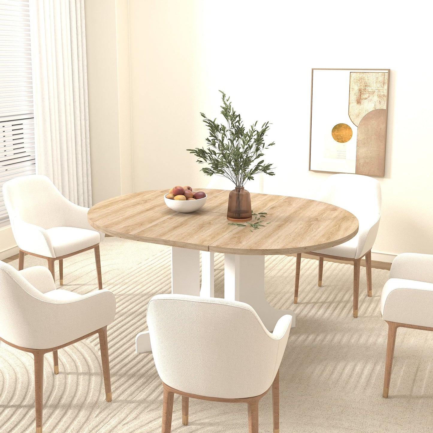 Dining Table for Farmhouse Kitchen 59x43 Inch Expandable Oval Table Top with Removable Leaf Trestle X Shaped Base White - 1st Choice Furniture Direct