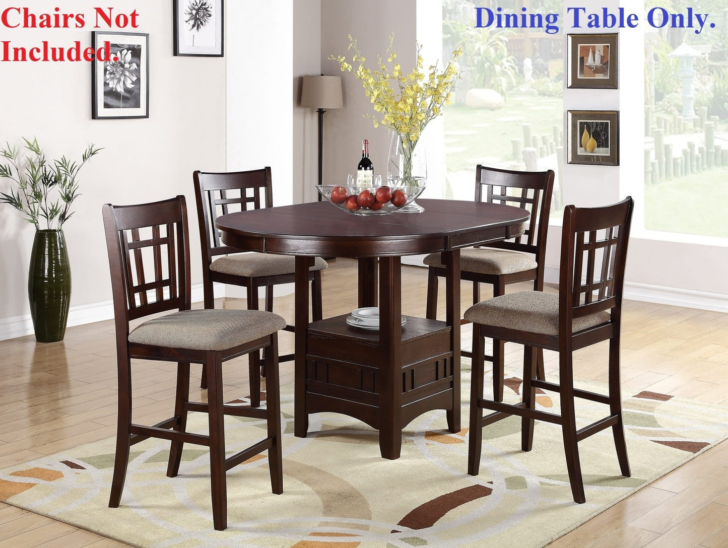 Dining Table Round Counter height Dining Table w Shelve 1pc Table Only Solid wood Dark Rosy Brown FInish - 1st Choice Furniture Direct