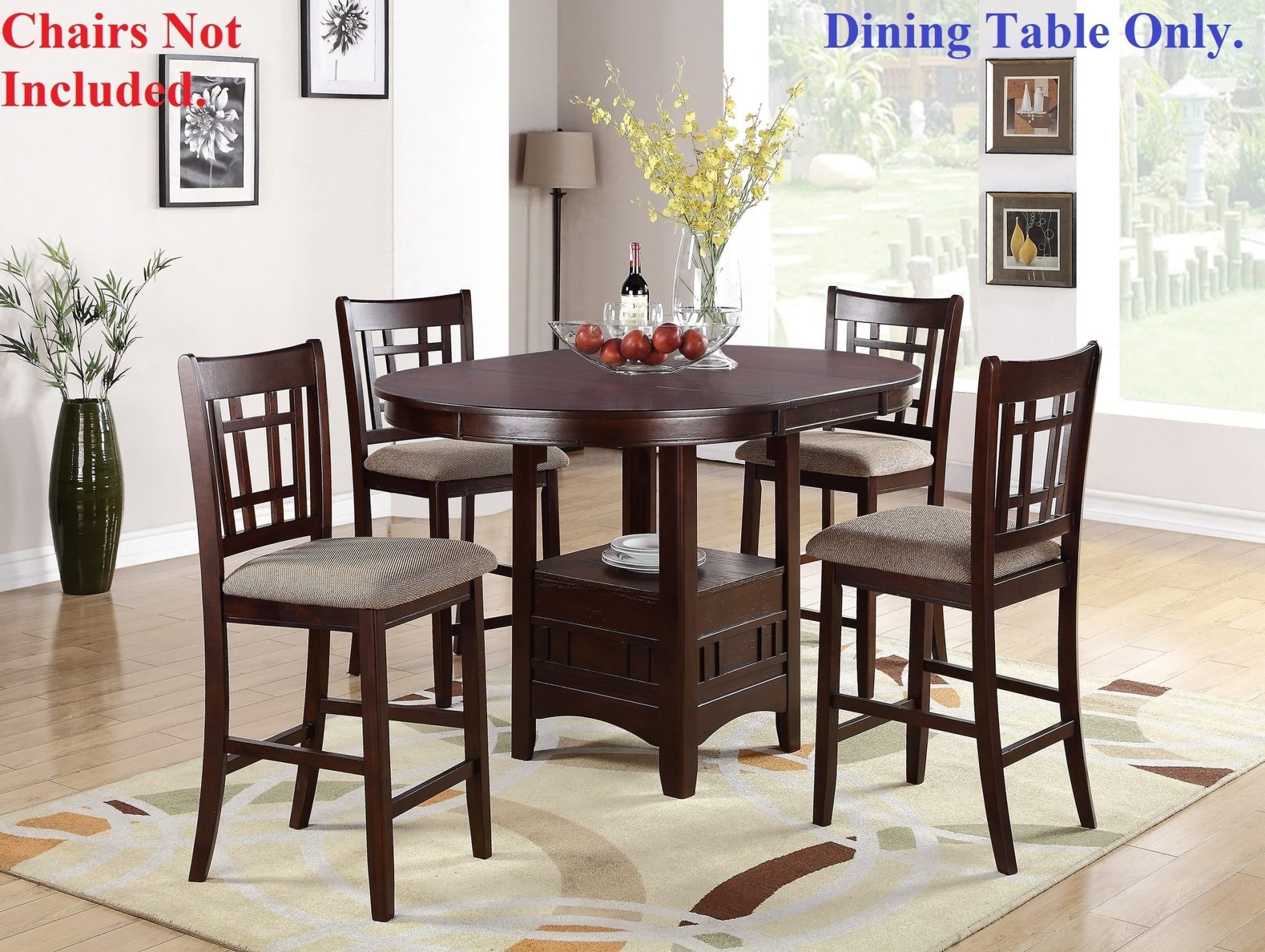 Dining Table Round Counter height Dining Table w Shelve 1pc Table Only Solid wood Dark Rosy Brown FInish - 1st Choice Furniture Direct
