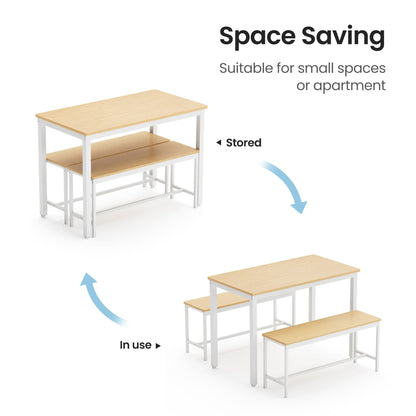 Dining Table Set, Bar Table with 2 Dining Benches, Kitchen Table Counter with Chairs, Industrial for Kitchen Breakfast Table, Living Room, Party Room, Natural and White , 43.3″L x23.6″W x 29.9″H - 1st Choice Furniture Direct