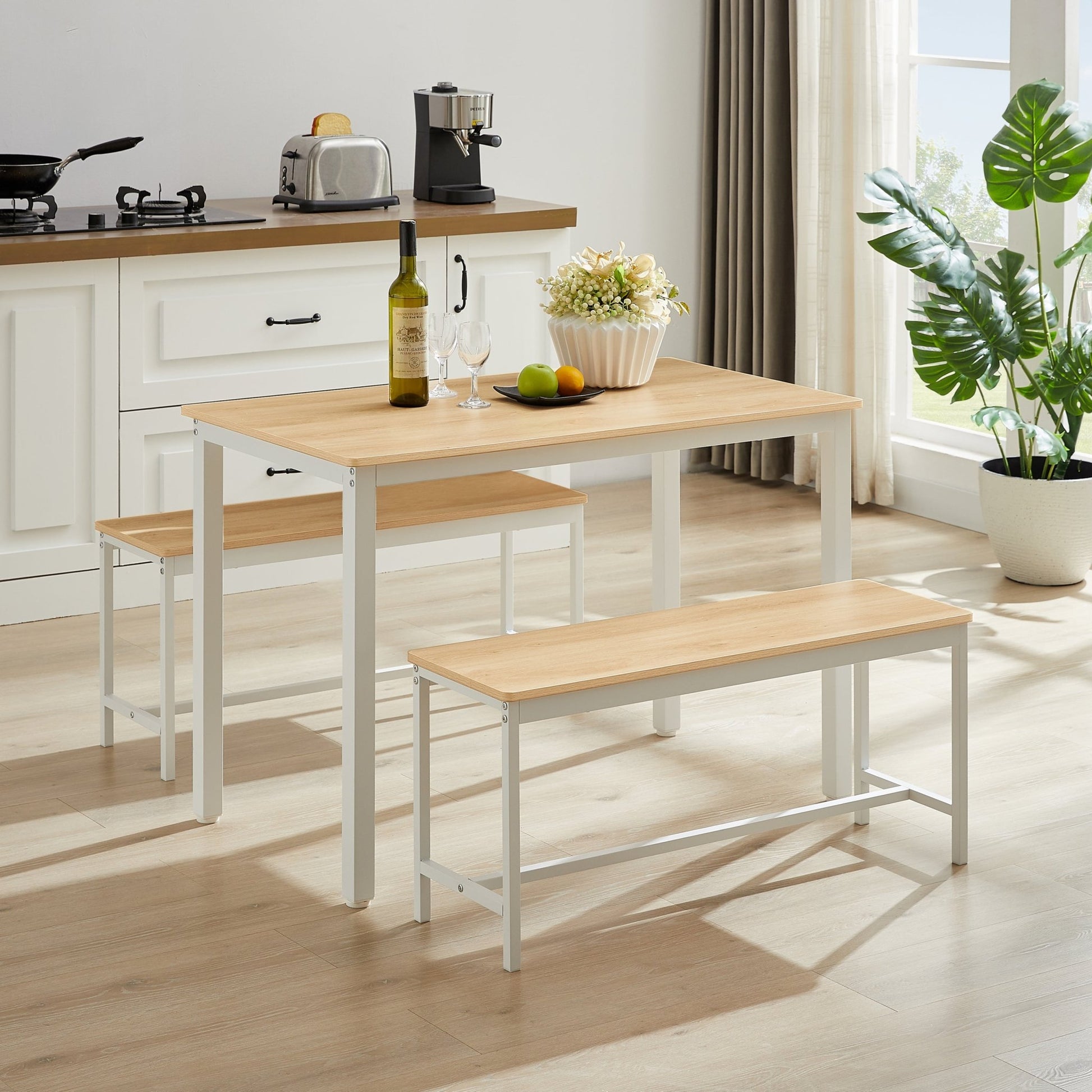 Dining Table Set, Bar Table with 2 Dining Benches, Kitchen Table Counter with Chairs, Industrial for Kitchen Breakfast Table, Living Room, Party Room, Natural and White , 43.3″L x23.6″W x 29.9″H - 1st Choice Furniture Direct